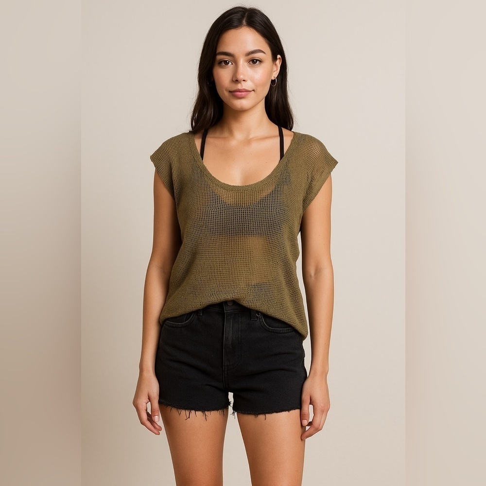 ASOS Design Women’s S Mesh Open Knit Sheer Blouse Tan Fringe Goth Grunge Beach
